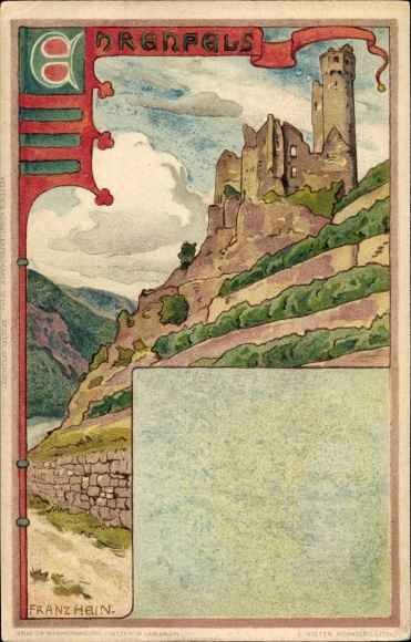 Kunstenaar litho Hein, Franz, Rüdesheim am Rhein, kasteelruïne Ehrenfels