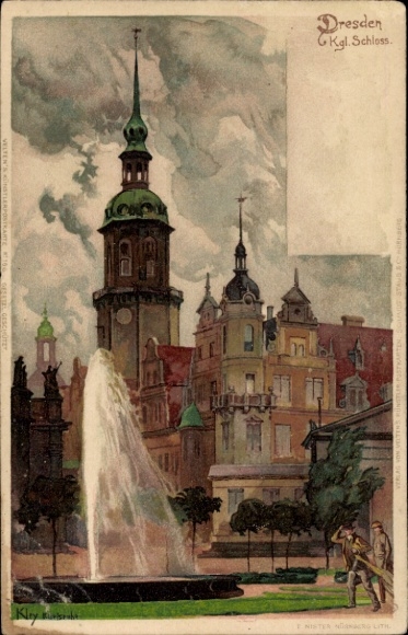 Artist Postcard Kley, Heinrich, Dresden Old Town, Royal Castle, Fontaine