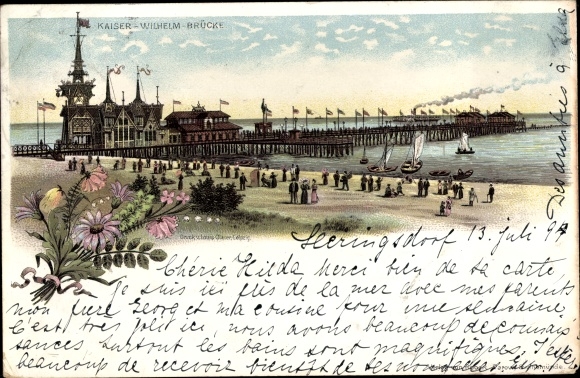 Forerunner Chromo-Litho Ostseebad Heringsdorf on Usedom, Kaiser Wilhelm Bridge, beach party