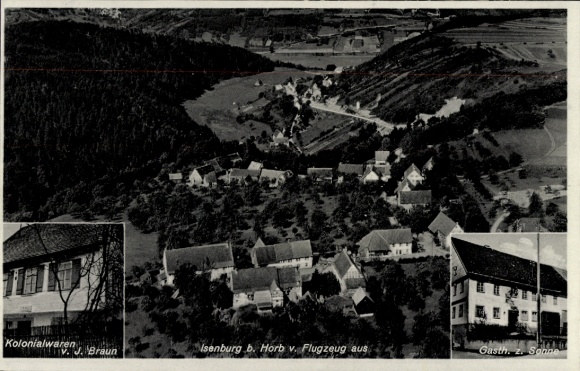 Postcard Isenburg Horb am Neckar, aerial photograph, grocery store of J. Braun