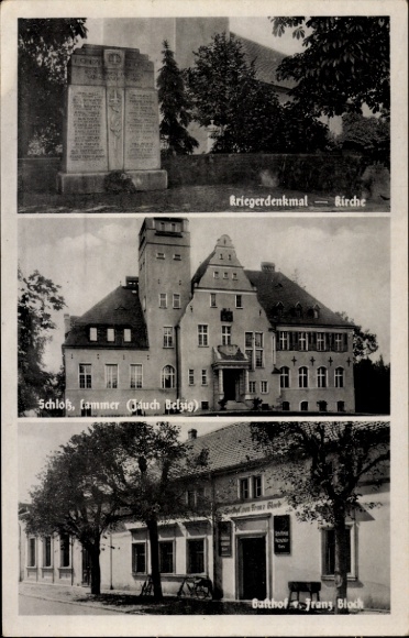 Postcard Cammer near Belzig, war memorial, church, castle, inn