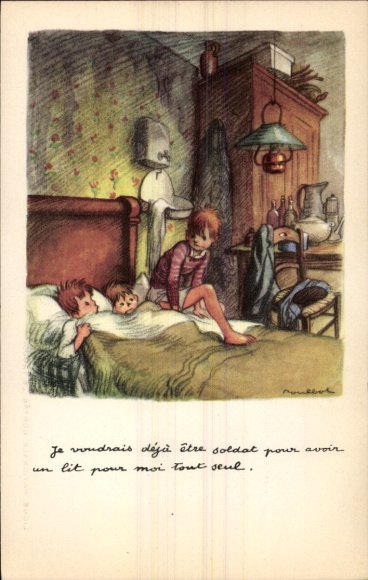 Kunstenaar Ak Poulbot, Kinderen in bed, voor het slapengaan