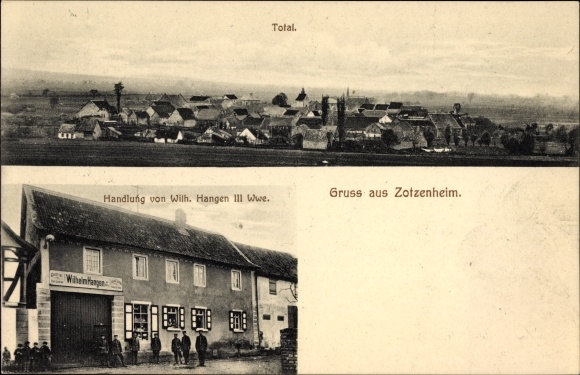 Ansichtkaart Zotzenheim in Rijnland-Palts, stadspanorama, winkel, eigenaar Wilhelm Hangen III