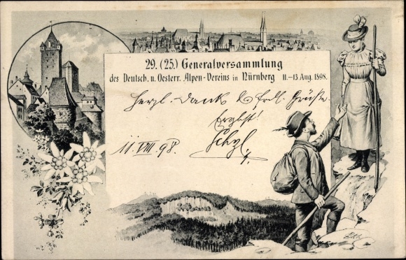 Postwaardestukken litho Neurenberg in Midden-Franken, Algemene Vergadering Duits. en Oostenrijk Alpenclub 1898