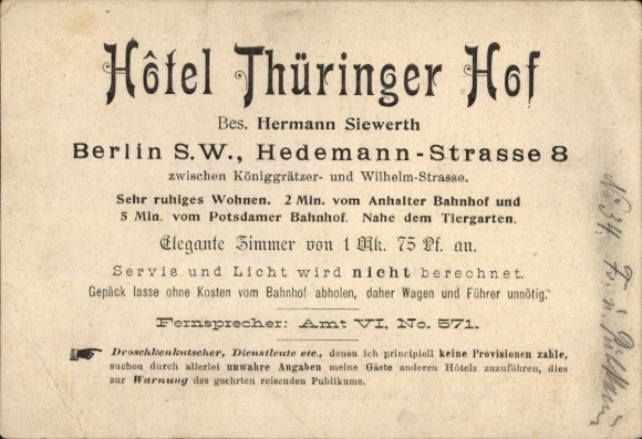 Plan miasta KP Berlin Kreuzberg, Hôtel Thüringer Hof, Hedemannstraße 8, właściciel Hermann Siewerth