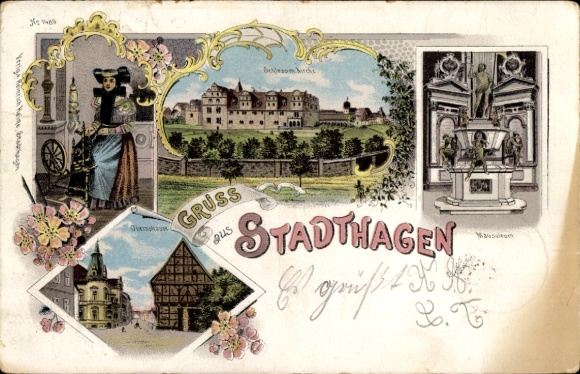 Litho Stadthagen im Kreis Schaumburg, Schaumburger Tracht, Spinnrad, Mausoleum