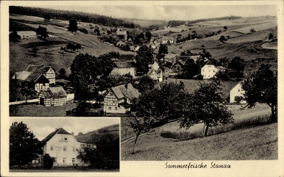 Ak Stanau Neustadt an der Orla Thüringen, Landschaft, Bauernhäuser, Bäume, Schwarz-Weiß-Cartoon, 