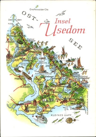 KP Wyspa Uznam, szczegółowa mapa Uznam, wody, miasta, krajobraz, statki