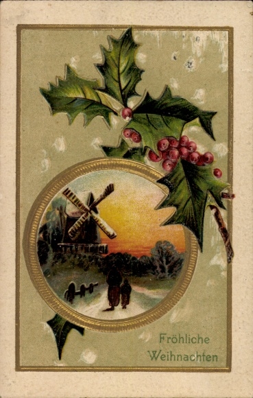 Geëmbosseerd Ak Gefeliciteerd Kerstmis, hulst, windmolen