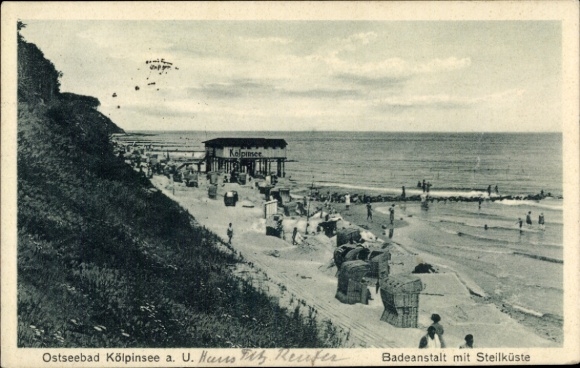 Postcard Ostseebad Kölpinsee on Usedom, bathing establishment, cliffs