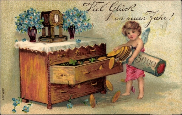 Ak Glückwunsch Neujahr, Kind, Goldene Münzen, Blumen, Uhr