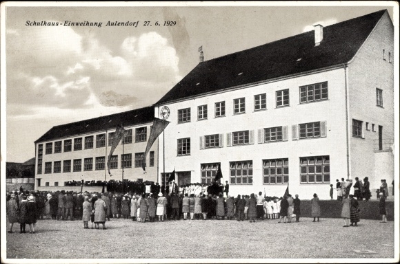 Postcard Aulendorf im Schussental Baden Württemberg, school building inauguration 1929