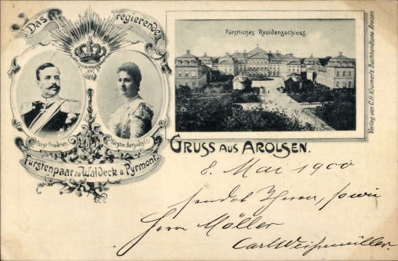 Postcard Bad Arolsen in Hessen, Friedrich and Bathildis, Princely Couple of Waldeck and Pyrmont, Castle