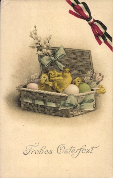 Ak Glückwunsch Ostern, Küken, Ostereier, Truhe, Weidenkätzchen
