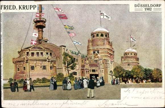 Postcard Düsseldorf, trade exhibition 1902, Pavilion Fried. Krupp, flags of all nations
