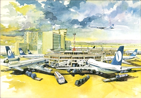 Postcard Brussels, Airport, Sabena, passenger aircraft, Boeing 707, 737, 747, DC 10