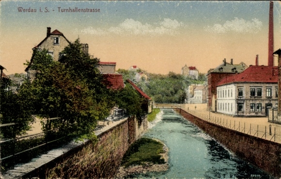 Postcard Werdau on the Pleiße in Saxony, river section at Turnhallenstraße, building, bridge