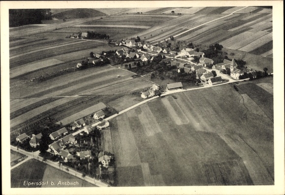 Postcard Elpersdorf near Ansbach Middle Franconia, aerial view of Elpersdorf, agricultural fields,