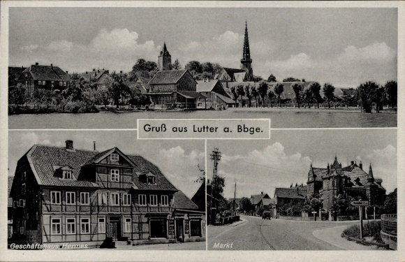 Postcard Lutter am Barenberge in Lower Saxony, partial view, Hermes commercial building, market