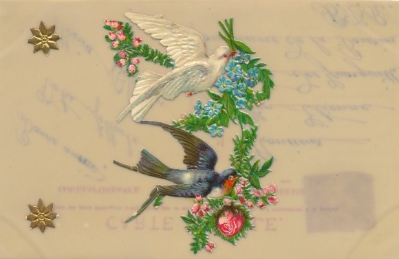 Celluloid Postcard Blossom branch with robin and dove