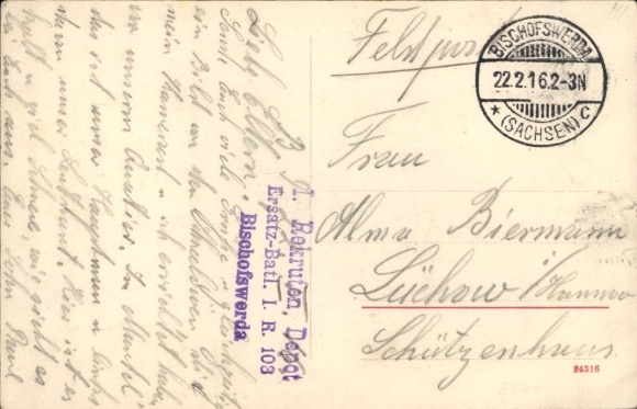 Postcard Bischofswerda in Saxony, headquarters Schützenhaus, 1st Rekr.-Dep, II. Ers-Batl, Inf. Reg. 103