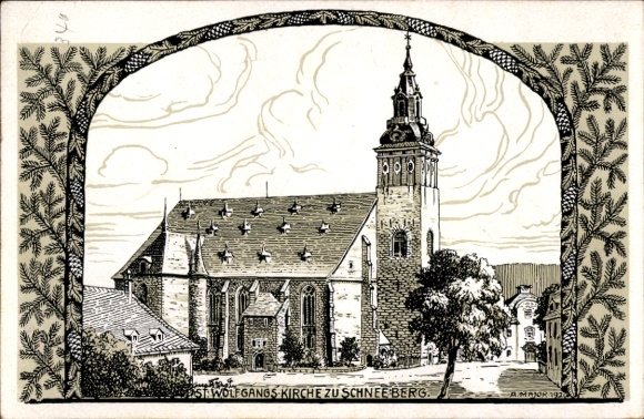 Artist Postcard Major, A., Schneeberg in the Ore Mountains, St. Wolfgangskirche