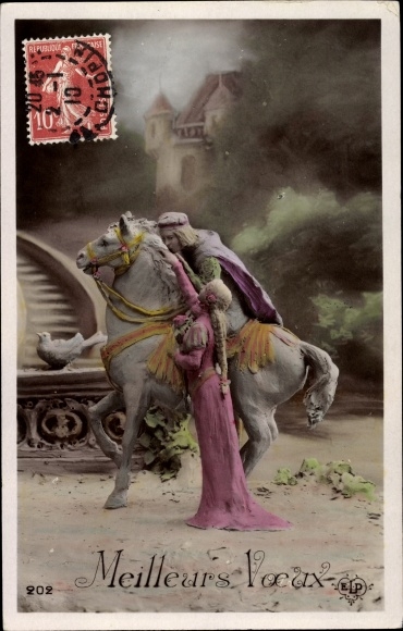 Postcard Meilleurs Voeux, figure, rider on horseback, maiden with blonde braid, ELP 202