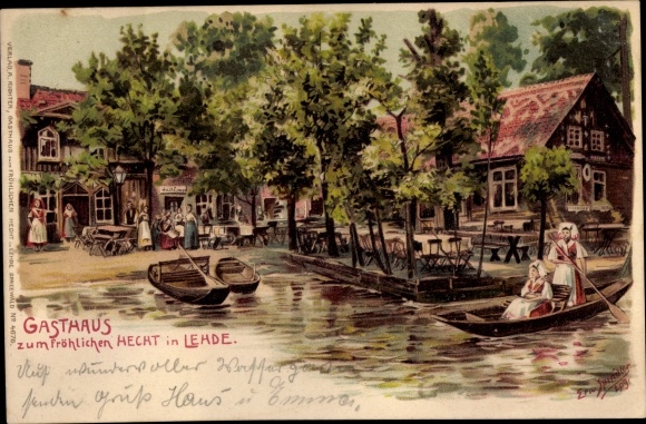 Artist Chromo-Litho Spindler, Erwin, Lehde Lübbenau in the Spreewald, inn for the happy pike