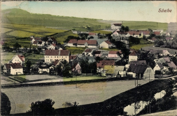 Ak Scheibe Mittelherwigsdorf in Oberlausitz, vredig landschap, kleine huizen, glooiende heuvels