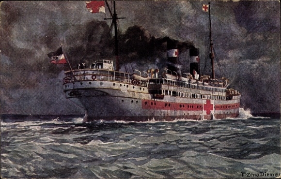 Kunstenaarskaart Diemer, Zeno, Duits hospitaalschip, verpleging in de oorlog, I. WW