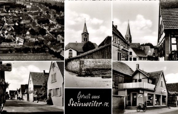 PC Steinweiler in der Pfalz, town view, church, old town, residential buildings, shops, black and white