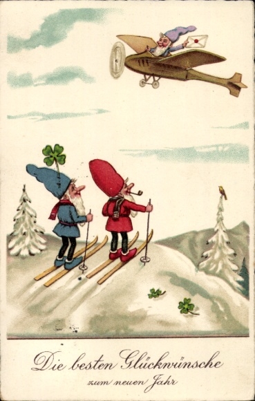 Artist PC Baumgarten, Fritz, congratulations on the New Year, dwarves on skis and in the plane, clover leaves