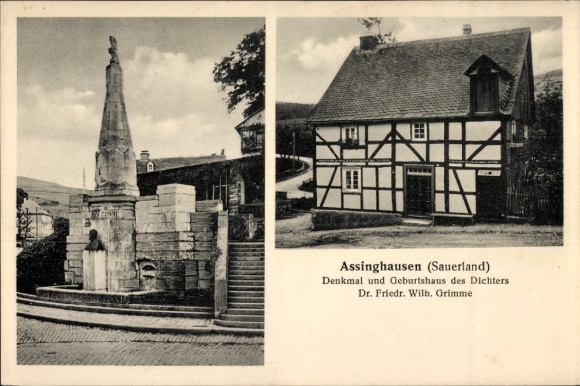 Ak Assinghausen Olsberg im Sauerland, Denkmal, Geburtshaus Dr. Friedrich Wilhelm Grimme, Dichter