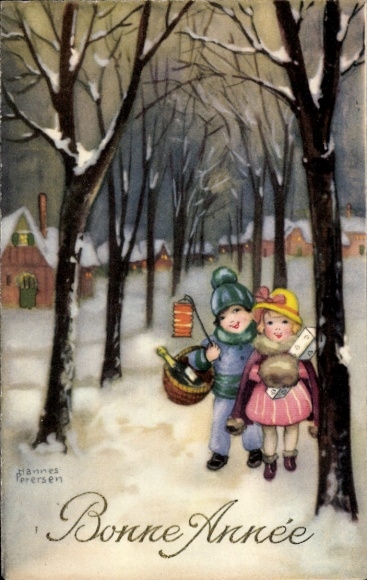 Artysta KP Petersen, H., Szczęśliwego Nowego Roku, dzieci, śnieg, drzewa