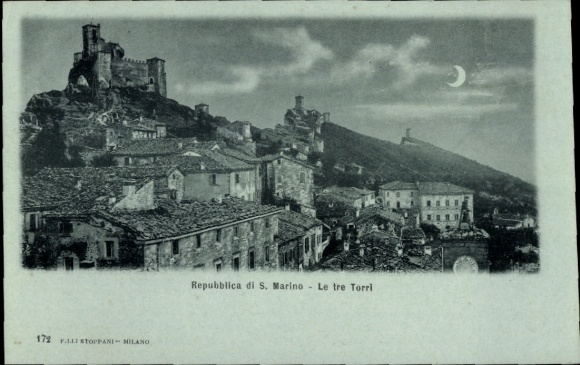 Moonlight KP San Marino, miasto nocą, zamek, trzy wieże
