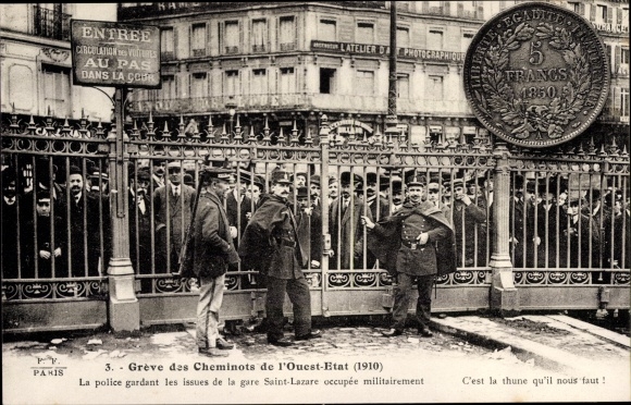 Postcard Paris VIII Arrondissement Élysée, Police guarding the exits of Saint Lazare station, Greve