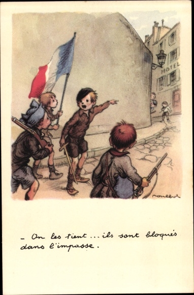 Künstler Ak Poulbot, Kinder mit französischer Fahne als Soldaten, Ligue nationale contre le taudis