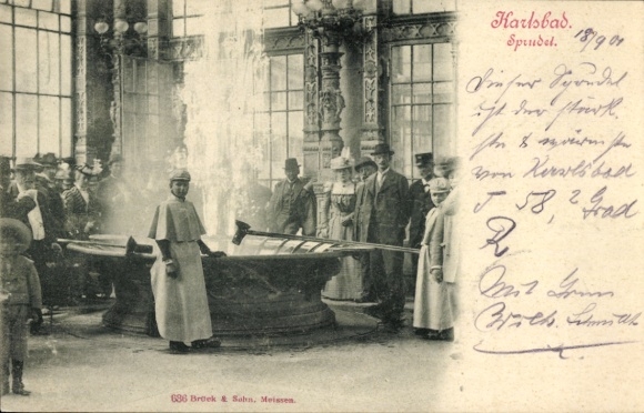 Postcard Karlsbad in Baden, spring, fountain, figures, spa, architecture