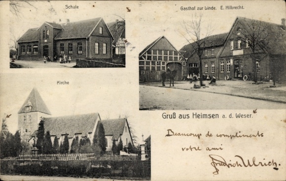 Postcard Heimsen Petershagen an der Weser, school, Gasthof zur Linde, church