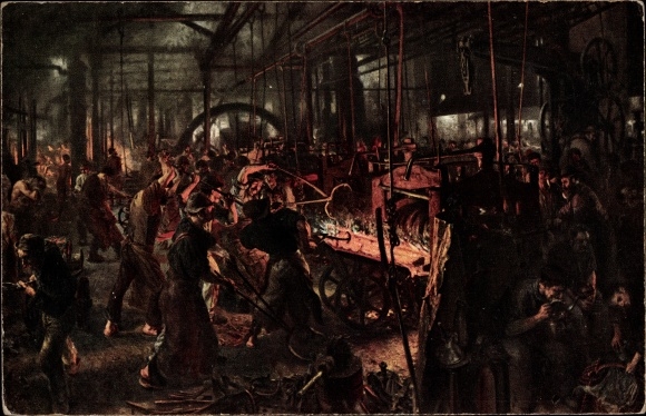 Künstler Ak Menzel, Adolph von, Eisenwalzwerk, Arbeiter in der Halle