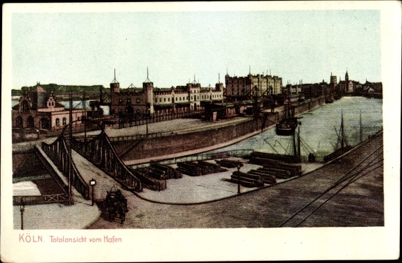 PC Köln am Rhein, total view of the harbour, bridge, ships