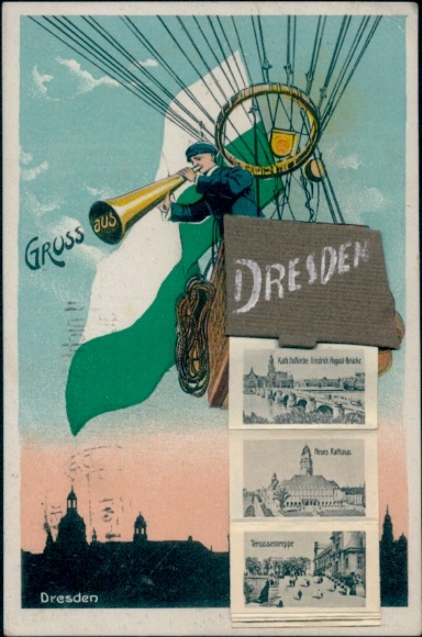 Leporello Postcard Dresden Old Town, Balloon, Bridge, Town Hall