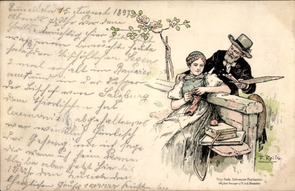 Artist Chromo-Litho Reils, F., Swiss costume, woman knitting, man
