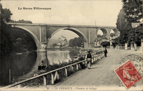Ak Le Perreux sur Marne Val de Marne, Viadukt, Fluss Marne, Wanderweg, Bäume, Boote