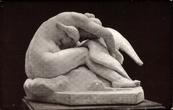 Postcard sculpture by Desbois, Leda, female nude, swan