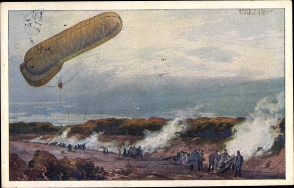 Künstler Ak Schulze, Hans Rudolf, Fesselballon der Deutschen Luftflotte im I. WK, Artillerie