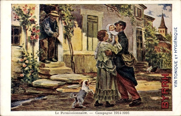 Künstler Ak Le Permissionaire, Campagne 1914-1916, Abschied, Reklame Byrrh, Vin Tonique