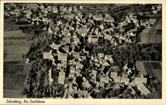 Postcard Schrozberg in Württemberg, aerial view of numerous houses, rural surroundings