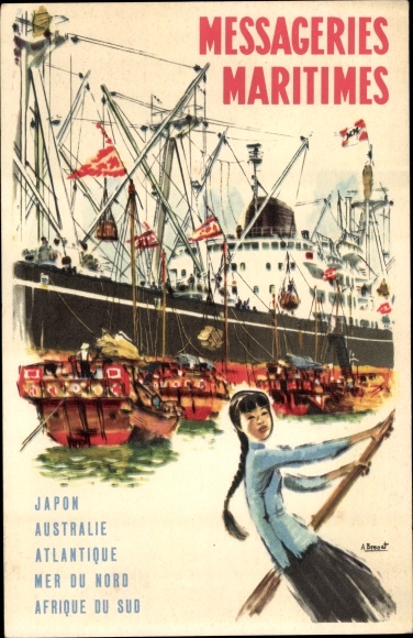 Kunstenaarskaart Messageries Maritimes, Japon, Australie, Alantique, passagiersstoomboten in Azië