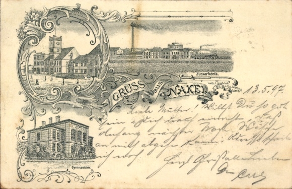 Litho Nakło nad Notecią Nakel Netze Westpreußen, Marktplatz, Zuckerfabrik, Gymnasium